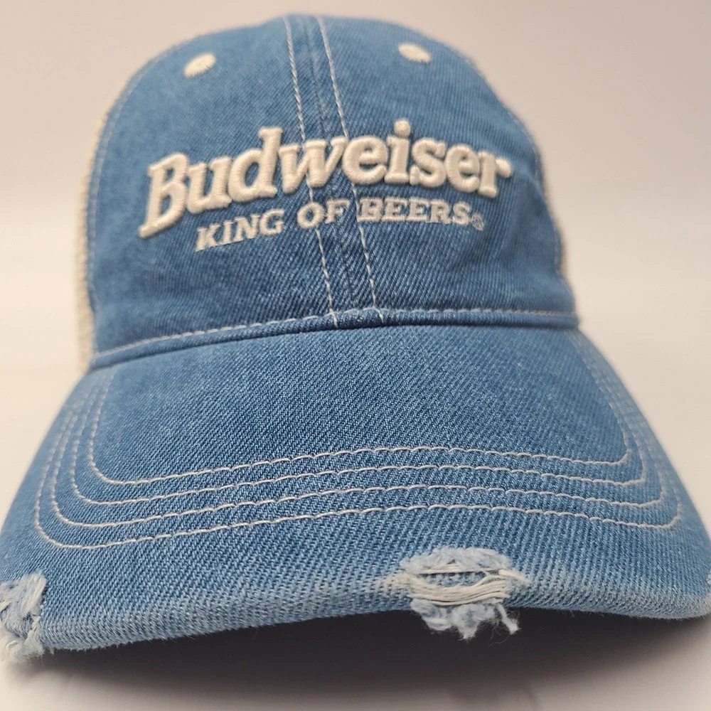 Budweiser Hat Strapback American Eagle Trucker Mesh Blue Beige Distressed Denim